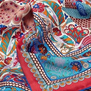 Liberty London shawl | Silk Twill Scarf | Peacock design | red, blue, white, pin